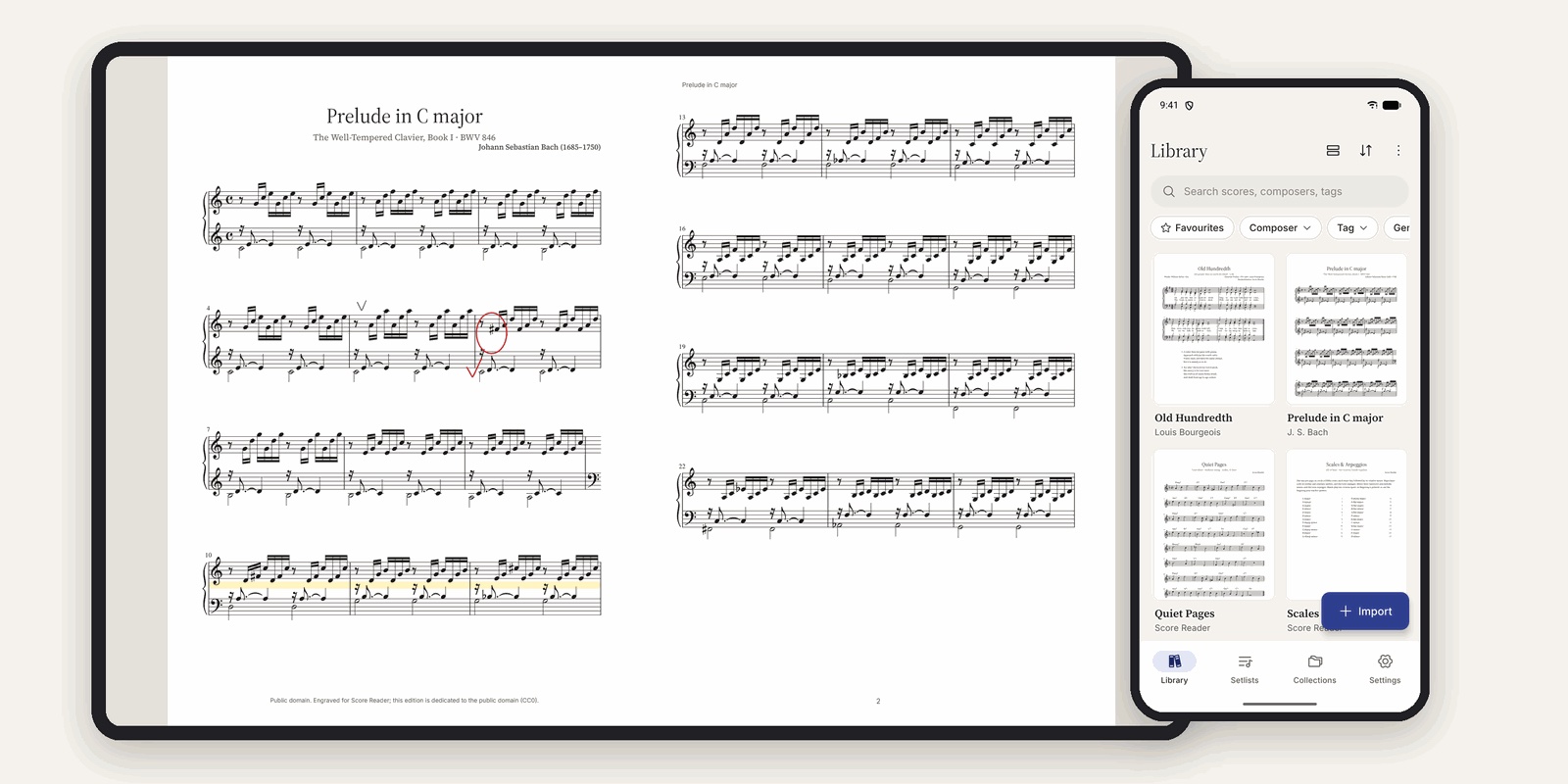 Score Reader on a tablet showing Bach's Prelude in C with red pencil marks, next to a phone showing the score library.